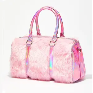 2023 겨울 패션 홀로그램 레이저 Pu 핑크 모피 더플 가방 숙녀 플러시 여행 더플 가방