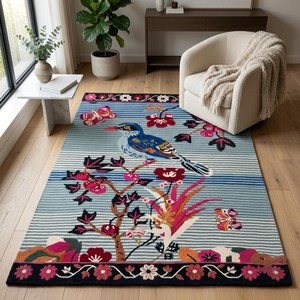 Premium Hand Tufted Wool <b>Bird</b> Rug Floral Botanical Design Handmade Area Carpet for <b>Living</b> Room Bedroom Apartment Hotel Nature - Product Image 1