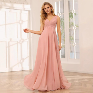 Bridesmaid Dress V Neck Empire Waist Long Satin Gown With Slit For Women - Product Image 2