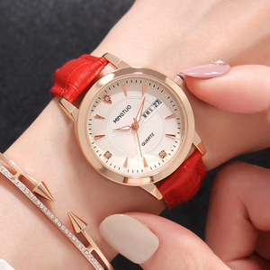 Reloj de pulsera de cuarzo elegante para mujer, color oro rosa, esfera blanca, fecha, marcador de estrellas, correa de cuero - Product Image 5