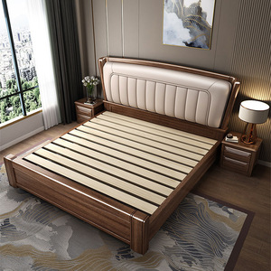 Dazhang Jiaju Walnut Solid Wood <b>Bed</b> 1.8m King Size Storage <b>Soft</b> Headboard Modern Minimalist Bedroom Furniture - Product Image 2
