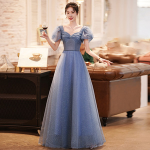 Elegant Blue Evening Gown Sweetheart Neckline Puff Sleeve Formal Dress for Art Exam Host Annual Meeting - Product Image 1