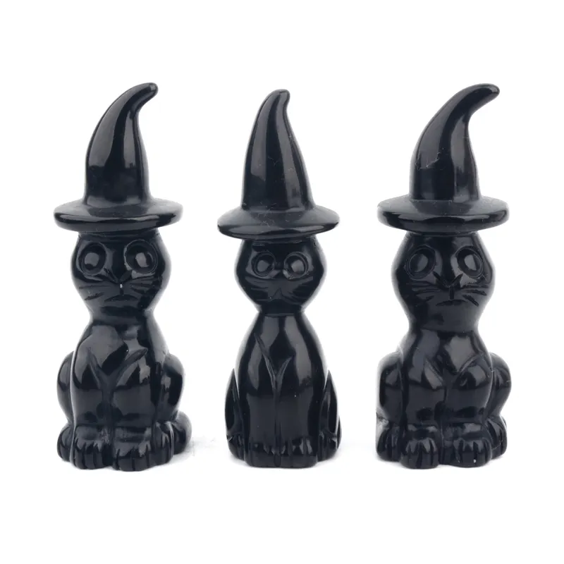 Cristales Craving Crafts Animal hecho a mano negro obsidiana bruja gato para Halloween