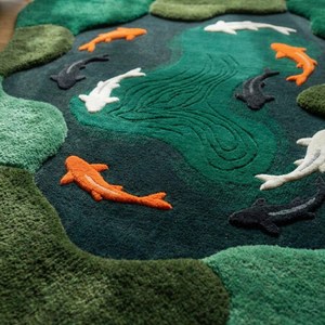 Hand Tufted Abstract Koi Fish Wool Carpet in Moss Green with Irregular Pond <b>Artwork</b> for Living Room Bedroom <b>Nursery</b> Kids Room - Product Image 2