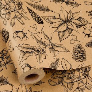 MAYPLUSS Kraft Christmas <b>Wrapping</b> <b>Paper</b> 17 Inch X 33 Feet Holly Berry Pinecone Pattern Brown Packaging <b>Paper</b> - Product Image 1