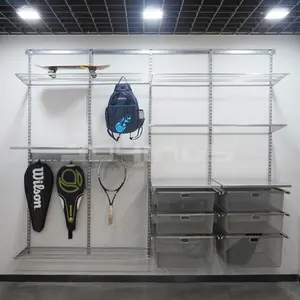 Silver Deep Grey Garage Wall Shelf With Mesh basket Wire Closet Rack For Fitness Room