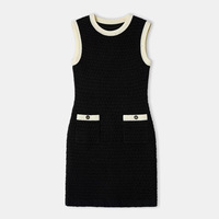Nouvelle Robe Midi Moulante Noire en Nylon Tricoté à Col Rond et Fente, Effet Amincissant, Style Hoodie, pour Femme - Collection Été 2023