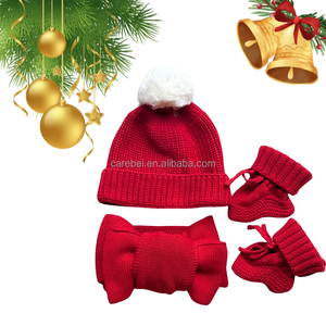 Trẻ Sơ Sinh Màu Đỏ Đầu Tiên Giáng Sinh Lớn Đan Pom Pom Beanie Hat Bow Và Vớ 3Pcs Thiết Lập Cotton Đan Phụ Kiện Bé Headband Booties Cap - Product Image 1