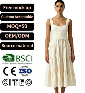 <span class=keywords><strong>Robe</strong></span> longue beige à volants avec encolure carrée et <span class=keywords><strong>d</strong></span>étail boutonné sur le devant pour femme, tenue <span class=keywords><strong>d</strong></span>écontractée élégante <span class=keywords><strong>d</strong></span>'été - Product Image 1