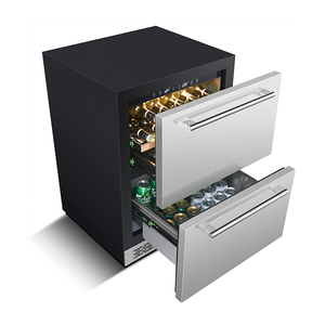 Réfrigérateur de bar à vin et bière noir et durable en acier inoxydable, <span class=keywords><strong>encastrable</strong></span>, 145 L, sans givre, double zone, pour la maison et le bureau, avec tiroirs - Product Image 1