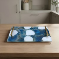 Plateau de service rectangulaire en verre, motif marbré bleu et blanc, design moderne fait main, assiette décorative pour la table à manger