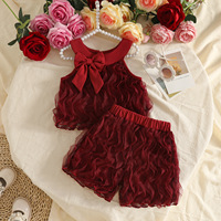 Ensemble deux pièces pour bébé fille, haut sans manches en maille ondulée avec nœud mignon, tenue d'été pour enfants