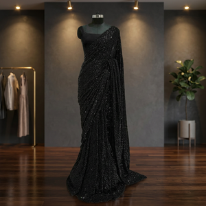 ส่าหรีดีไซเนอร์สีดำสไตล์บูติกอินเดียส่าหรีส่งออกชุดผ้าส่าหรี - Product Image 3