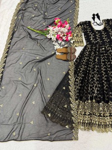 Best Quality Faux Blooming Georgette Anarkali Gown With <b>Sequins</b> Embroidery Chudi <b>Pant</b> And Embroidered Dupatta For Festive Wear - Product Image 4