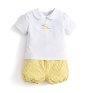 Ensemble de vêtements d'été pour enfants, <span class=keywords><strong>tenue</strong></span> estival pour garçon, <span class=keywords><strong>tenue</strong></span> à manches courtes blanches avec broderie, et pantalon à carreaux, pour premier <span class=keywords><strong>anniversaire</strong></span> - Product Image 1