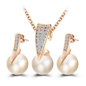 Imitation Pearl Jewelry Sets Rhinestone Gold Color Necklace Sets for Women Bridal Wedding Water Drop Earrings