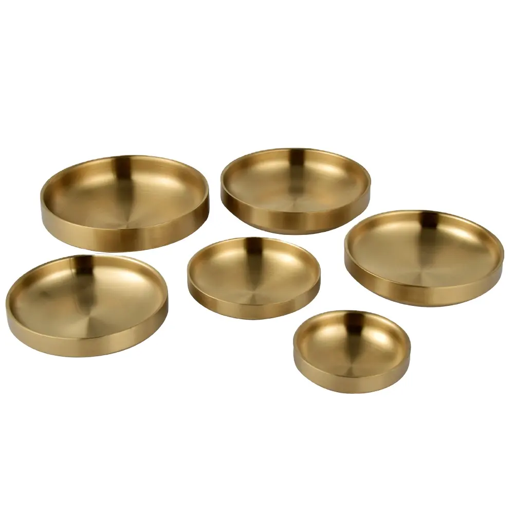 Thick gold matte double wall food plate round Korea style stainless steel plates and dishes