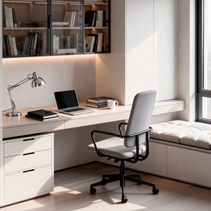 Libreria Moderna Premium con Cornice Nera Effetto Legno Chiaro, Porta in Vetro, Scrivania Integrata, Cassetto, Panca con Finestra, Montaggio a Parete per Camera da Letto - Product Image 3