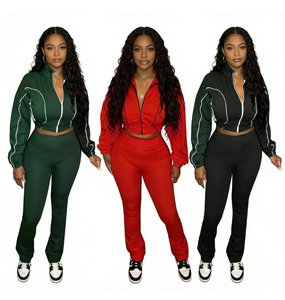 Nuova Moda Autunnale: Set 2 Pezzi a Righe con Patchwork, Giacca Corta con Zip a Maniche Lunghe e Pantaloni a Zampa, Completo Casual da Strada - Product Image 1