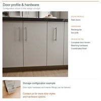Meuble de cuisine en PVC avec portes thermoformées, aménagement moderne en îlot, dimensions personnalisées, boîtes en panneaux mélaminés et rangements extractibles