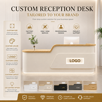 Comptoir de réception moderne et minimaliste en crème avec LED intégrées, logo personnalisé, comptoir avant avec armoire de rangement pour bureau, salon de beauté