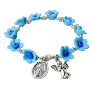 Mode Frauen Armbänder Schmuck Fabrik benutzer definierte blaue Farbe Blume Polymer Clay Perlen Rosenkranz Armband auf elastischen