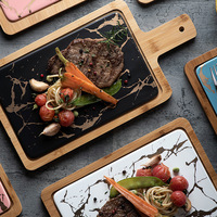 Plateau de service écologique en marbre et bambou pour dîner, idéal pour steak, pizza, pain, fromage, dessert, sushi, avec assiettes de présentation pour restaurant