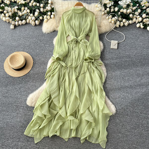 <strong>Romantic</strong> Bow <strong>Dress</strong> Women Long Sleeve Ruffle Hem Knit Waist Tie Elegant Gown Fall Winter Fashion - Product Image 2