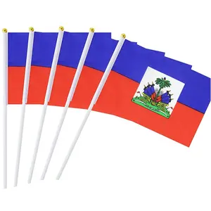 Hot Selling In Voorraad 14*21Cm Polyester Haïti Hand Zwaaien Mini Vlag Met 30Cm Wit Plastic Pole