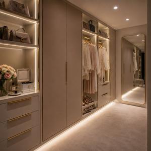 Dressing moderne avec zone de suspension ouverte, rangements intégrés, tiroirs et meuble de toilette sur mesure pour projets de chambre à coucher - Product Image 6