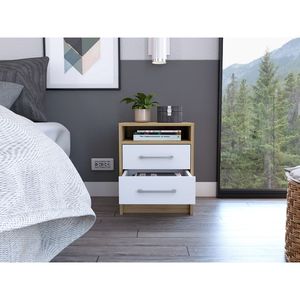 White And <b>Light</b> Oak 2 Drawer 1 Shelf Rectangle Nightstand For Bedroom Storage - Product Image 2