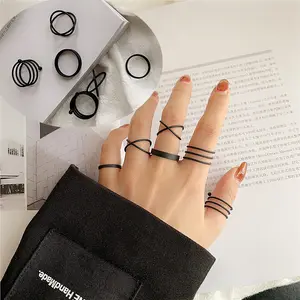 Ins-anillo minimalista para mujer, conjunto de anillo negro ajustable