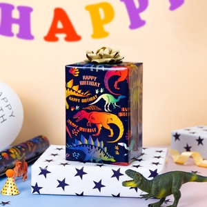 Dinosaur Wrapping <b>Paper</b> <b>Roll</b> Colorful Dinosaur with HAPPY BIRTHDAY ROAR Star Reversible Gift <b>Wrap</b> for Kids - Product Image 2