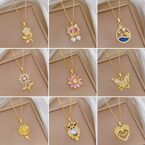 <span class=keywords><strong>Collier</strong></span> Pendentif <span class=keywords><strong>Fleur</strong></span>, Cœur, Papillon, Croix, Rose en Acier Inoxydable Plaqué Or 18K avec Zircon, Haute Qualité, Vente Chaude pour Femme - Product Image 5