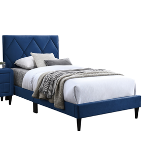 Modern Twin Size <b>Bed</b> Adjustable Headboard 1pc Box Spring Frame Eco-Friendly Durable <b>Pine</b> Wood Navy Blue Velvet Upholstered Youth - Product Image 2