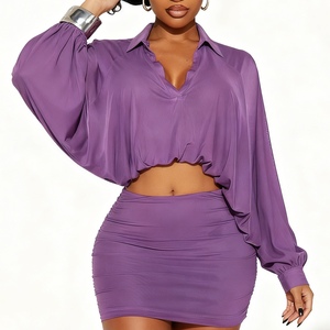 ชุดเซ็ต 2 ชิ้น เสื้อแขนยาวสีพื้นสไตล์ลำลองสำหรับผู้หญิง คอลเลคชั่นใหม่ประจำฤดูใบไม้ร่วง/ฤดูหนาว พร้อมกระโปรงทรงบับเบิ้ล แต่งผ้าตาข่าย แฟชั่น - Product Image 4