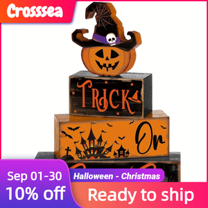 Bloques de madera apilables decorativos de Halloween para 'Trick or Treat', con diseño de calabaza y <span class=keywords><strong>sombrero</strong></span> de <span class=keywords><strong>bruja</strong></span>, adorno de mesa, bandeja escalonada estilo rústico para fiestas en casa - Product Image 1
