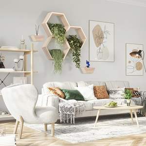 Set of 5 Natural <b>Wooden</b> Hexagon <b>Floating</b> <b>Shelves</b> Modern Honeycomb Design Living Room Wall Mounted Decorative Shelf - Product Image 2