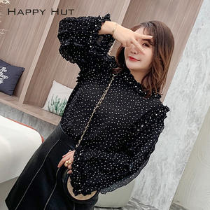Blusa de Gasa para Mujer Tallas Grandes Happy Hut, Negra con Puntos, Manga Larga con Volantes, Uso Diario N6821 - Product Image 2