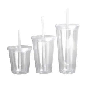 Custom Reusable 12oz 16oz 24 OZ Double Wall Clear Plastic Acrylic Tumbler Cups Mug with Lid and Straw for Ice Water Juice Coffee