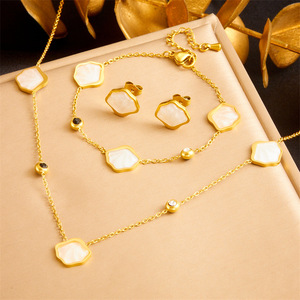 Stainless Steel White Seashell Jewelry <b>Set</b> Hexagon Necklace Earring <b>Bracelet</b> Women's Party Fashion Accessory - Product Image 1