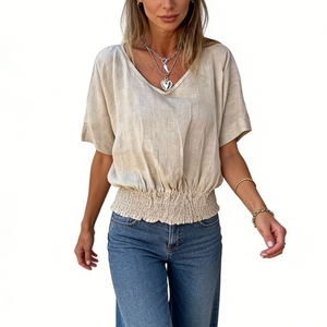 Damen V-Ausschnitt Kurzarm Bluse mit Geraffter Taille aus Leinen Lässige Weite Passform Oberteil Sehe Fashion - Product Image 3