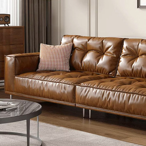 Italian Luxury Retro Oil Wax Leather <b>Sofa</b> Straight Top Grain Cowhide <b>For</b> Small Living Room - Product Image 2