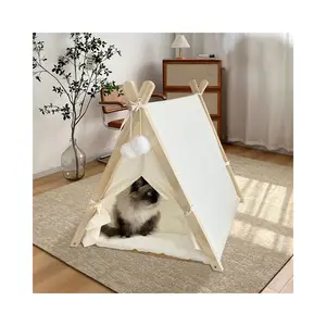 Tenda tidur hewan peliharaan, tikar pendingin semi-tertutup tempat tidur kucing kayu lucu musim panas mewah