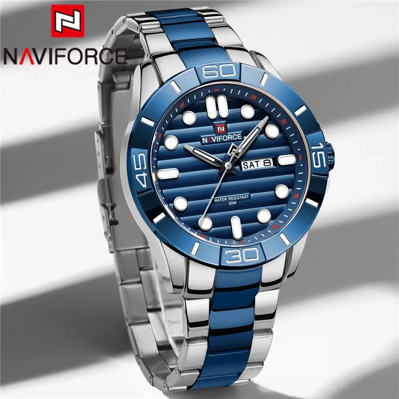 NAVIFORCE Men Wristwatch Top Brand Luxury Date Week Man Watch Blue Silver Stainless Steel Fashion Sport Quartz Male Clock 9198