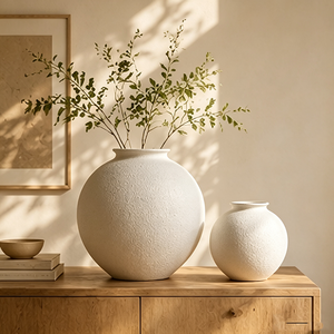 Set di <span class=keywords><strong>Vasi</strong></span> <span class=keywords><strong>in</strong></span> Ceramica Minimalisti Sferici Bianchi Opachi Texturizzati Fatti a Mano, Decorazione Wabi Sabi per Credenza <span class=keywords><strong>in</strong></span> Legno - Product Image 1