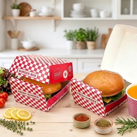 Boîte à hamburger à carreaux rouges et blancs, personnalisée, en papier jetable, pour emporter, emballage pour restauration rapide