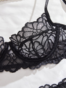 Black Floral Lace Womens Intimates Lingerie <b>Set</b> <b>Sexy</b> Sheer Mesh Underwire Bra and Thong Panties Elegant Womens Underwear <b>Set</b> - Product Image 4
