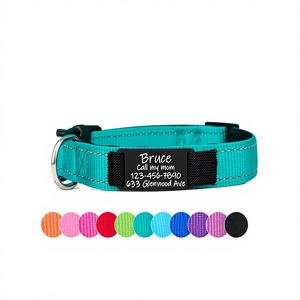 Collar reflectante de color verde azulado para perro, correa personalizada, collar ajustable para gato con cinta personalizada, placa de metal grabada, campana gratuita, diseño único - Product Image 1