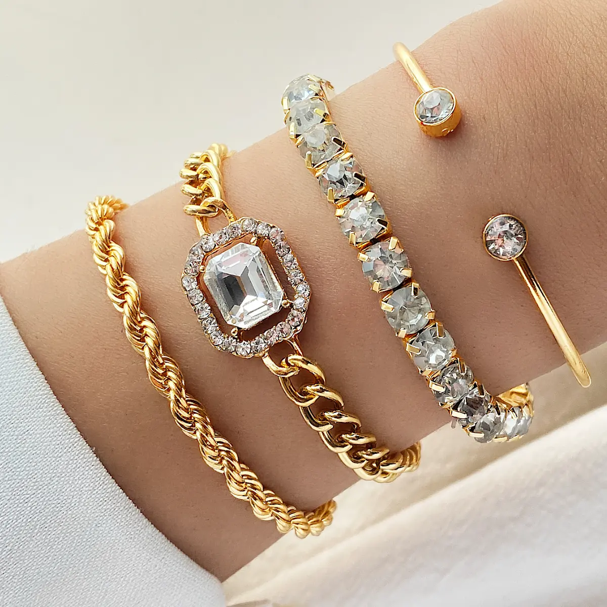 Hot Verkoop Vintage Vergulde Vierkante Diamant Verstelbare Armband Bangles Set Hoog Gepolijst Bedeltje Gouden Armband Voor Vrouwen Sieraden